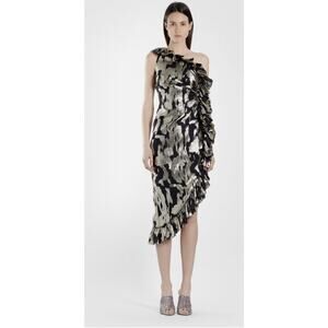 Attico Abito Black & Gold Metallic One-Shoulder Ruffle Dress Size 36 (US 0 / XS)